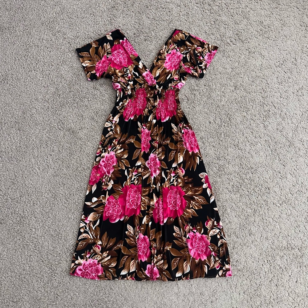 Womens Floral Midi Dress Black Brown Magenta